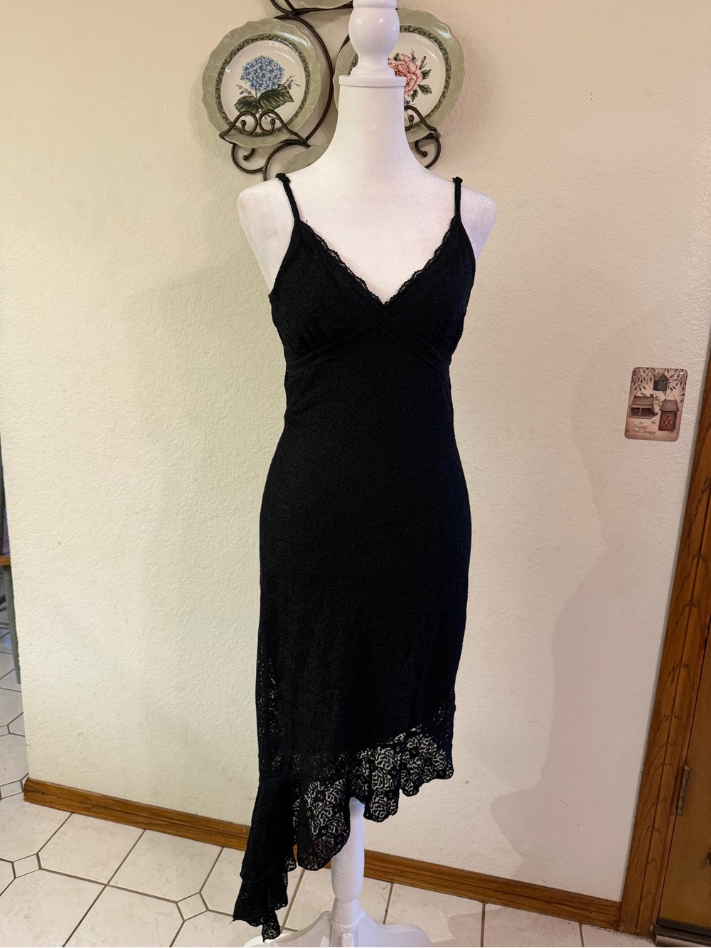 Black Lace Asymmetric Slip Dress - Women's